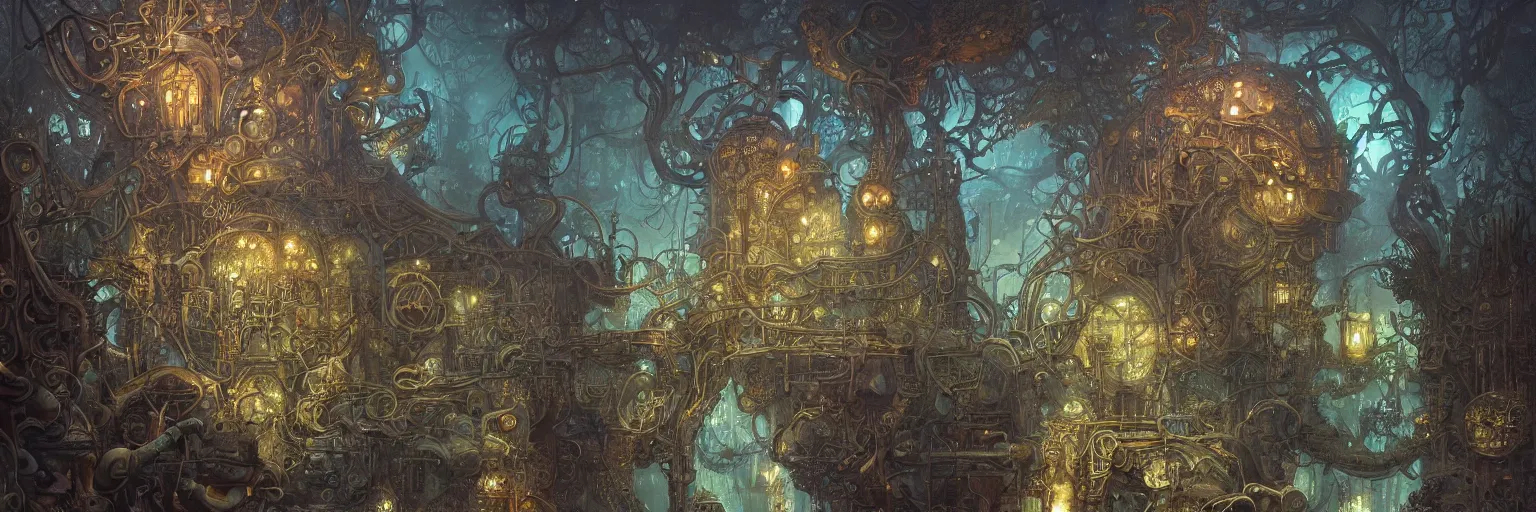 Image similar to Marc Simonetti, Mike Mignola, smooth liquid metal with detailed line work, Mandelbrot flowers and trees, Exquisite detail, blue neon details, hyper detailed, intricate charcoal illustration, golden ratio, steampunk, smoke, neon lights, steampunk forest background, liquid polished metal, by peter mohrbacher