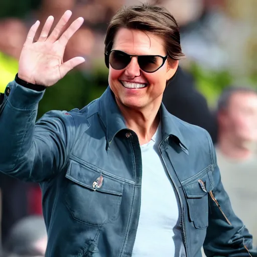 Image similar to Tom Cruise waving to fans. He's wearing bluejeans and a green jacket, Ralph Lauren. A helicopter is in the background. Shallow depth of field