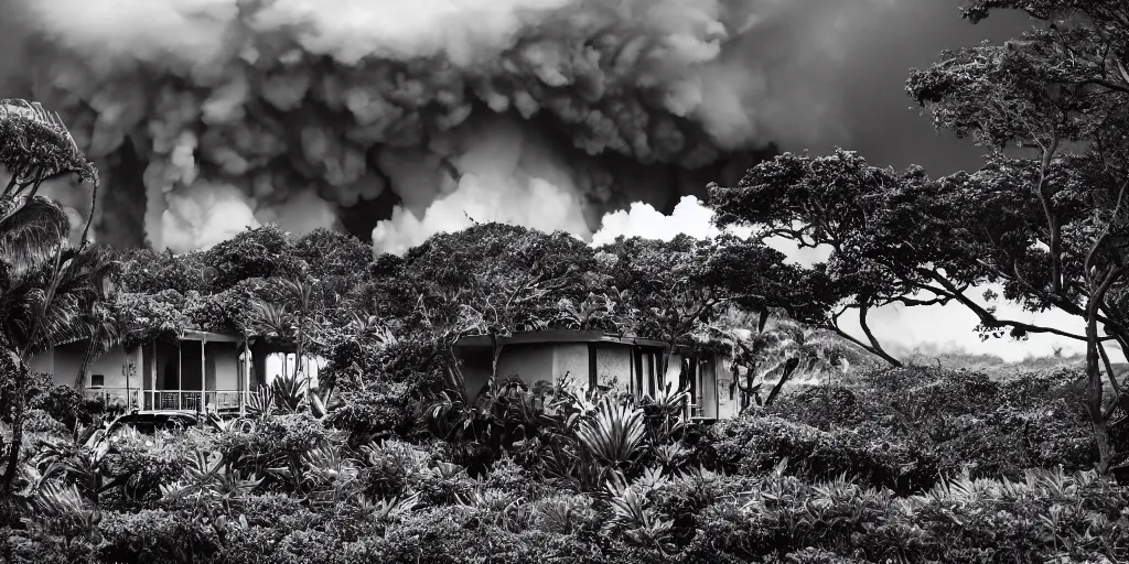 Prompt: atomic blast over a Hawaiian villa in the middle of an tropical forest, ominous Sky, gloomy atmosphere, cinematic, mist, High definition, 8k, ultra detailed