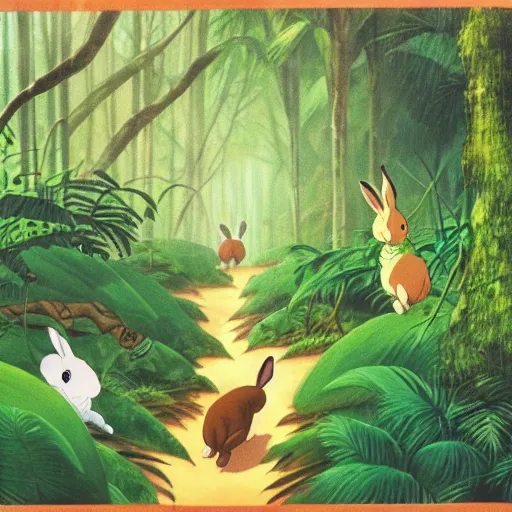 Prompt: rabbits chasing in tropical rainforest, hayao miyazaki