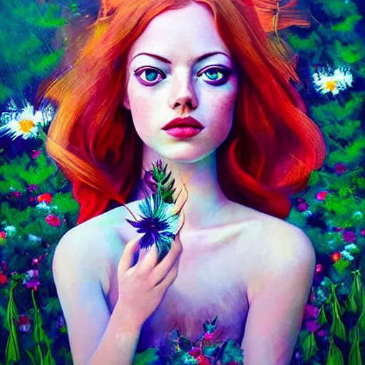 Prompt: aesthetic! angelic! redhead emma stone portrait by Anna Dittmann and Harumi Hironaka and Filip Hodas, flowers, magical, artsy, impressionism