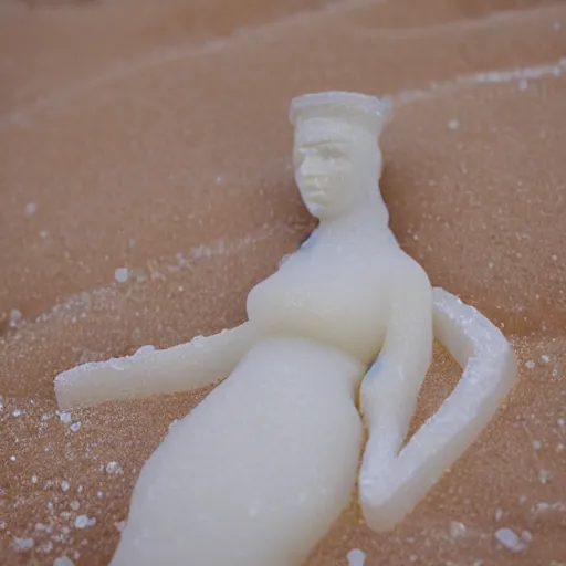 Prompt: salt sculpture made of salt shaped like a 30 year old woman in ancient Canaanite clothing, cracked desert background. somber. haunting. 40mm lens, shallow depth of field, split lighting