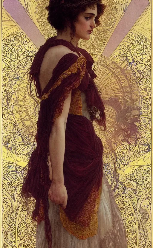 Image similar to winona ryder in repose, kiera knightly in repose, traditional corsican, intricate, highly detailed, artstation, illustration, jurgens, mucha, rutkowski, bouguereau