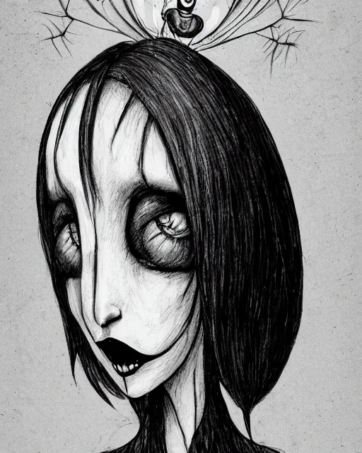 Image similar to a b & w grunge drawing of a pleiadean extraterrestrial, in the style of ryan hewett and a tim burton character, loony toons style, horror themed, detailed, elegant, intricate, trending on artstation, 4 k