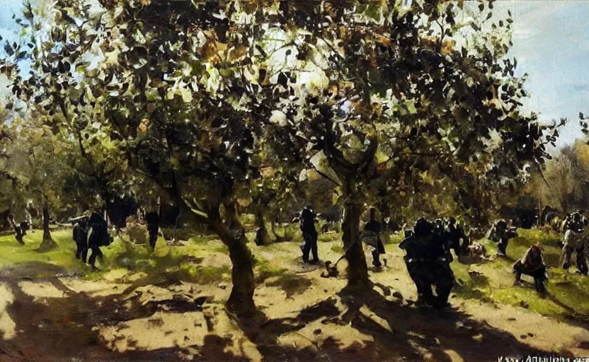 Image similar to oil painting lanscape by anders zorn, nature, fruit trees, very very very very beautiful art, dramatic light, police arrests, police violence, police in street with police cars