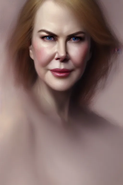 Image similar to ultra detailed close up facial portrait of nicole kidman, extremely detailed digital painting, in the style of fenghua zhong and ruan jia and jeremy lipking and peter mohrbacher, mystical colors, rim light, beautiful lighting, 8 k, stunning scene, raytracing, octane, trending on artstation