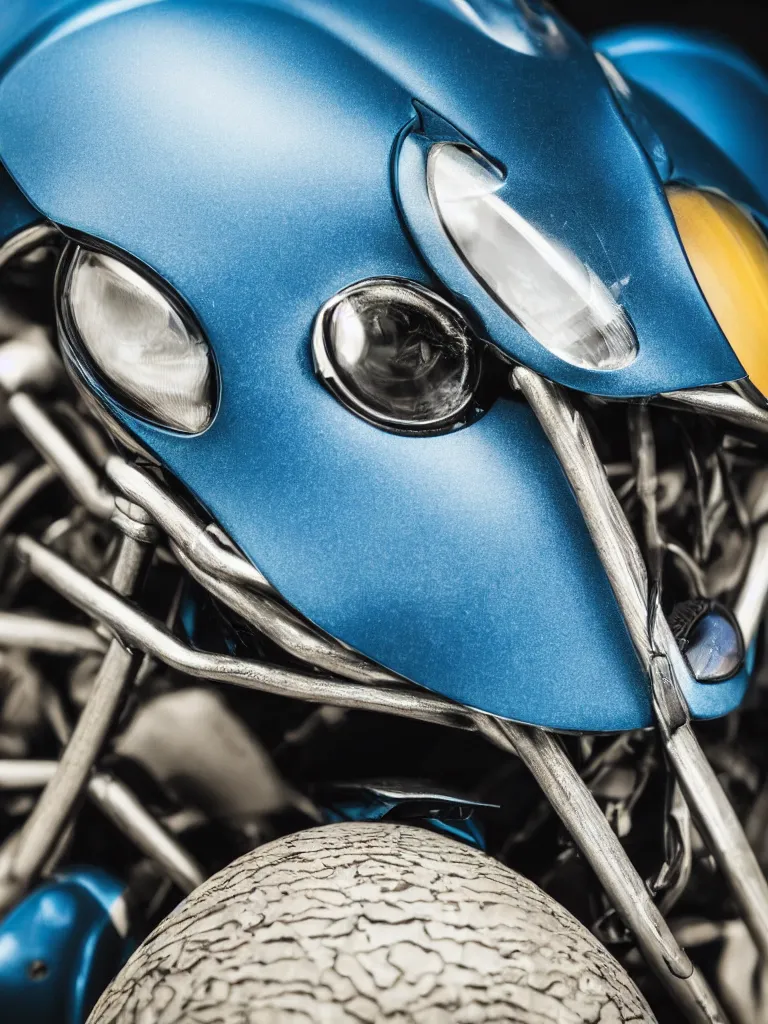 Image similar to complementary color scheme. close - up shot of a beautiful beetle. insect eyes. studio photography high quality highly detailed award winning photograph by national geographic. motorcycle. soft volumetric light, smooth gradient. blue accents