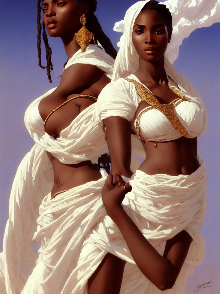 Prompt: Portrait of one beautiful african woman in the Libyan desert, white skirt and barechest, intricate, elegant, highly detailed, artstation, concept art, intricate, highly detailed, sharp focus, exotic, orientalism, bouguereau, art by Artgerm and greg rutkowski and alphonse mucha