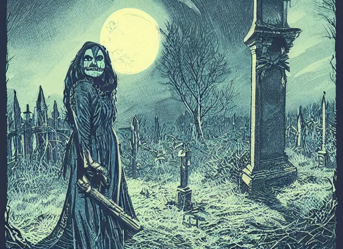 Image similar to blue woodcut print, halloween witch in graveyard at midnight by greg rutkowski, fine details, highly detailed