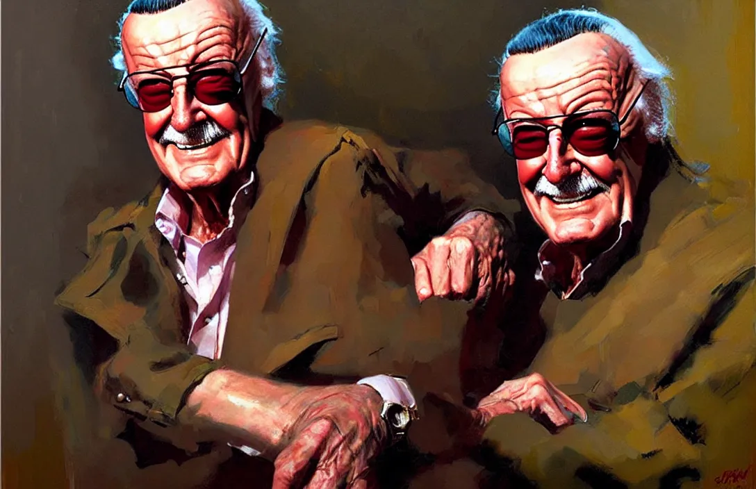 Image similar to portrait of stan lee!!!!!!!!!!!!!!!!!!!!!!!!!!!, detailed face, detailed painting, epic lighting, by ilya repin, phil hale and kent williams