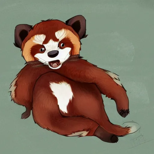 Image similar to cute cartoon drawing of a female anthro red panda waking up from bed yawning and stretching, trending on artstation