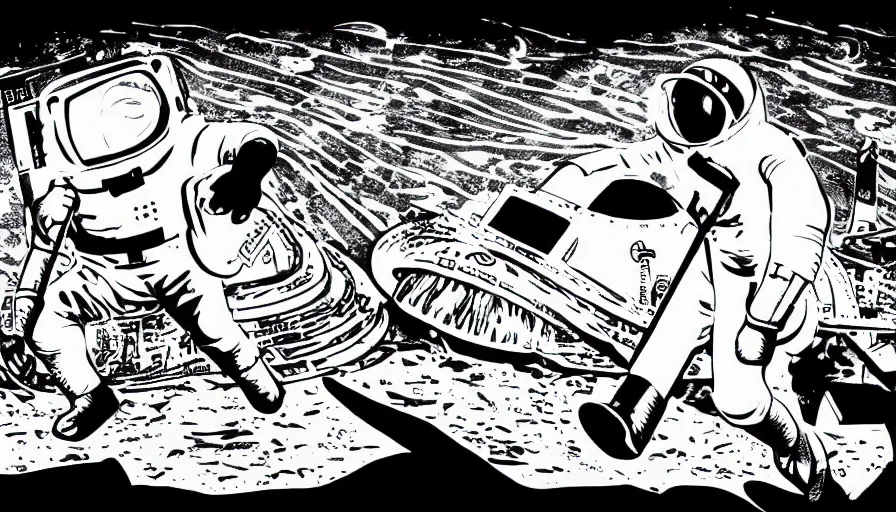 Image similar to travel to the moon in a dream, style of graphic novel, style of will eisner, black outline, on white, smooth, thin sharp lines, detailed