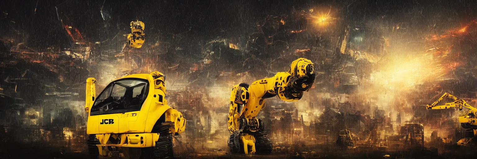 Prompt: apocalyptic scene of JCB yellow robot arms with claws reaching out to try and catch the fast moving reflective spaceships UFOs, tuned to a dead channel, In the style of Blade Runner, CyberPunk, laser, smoke, debris