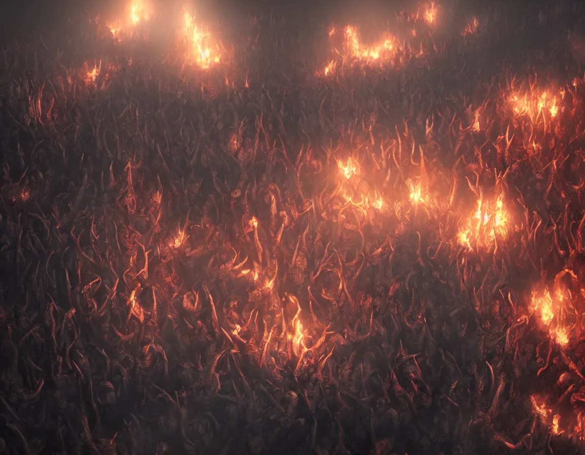 Image similar to undead in burning hell trying to reach for heaven above. artstation. highly detailed painting. realistic. cinematic. volumetric lighting. octane render.