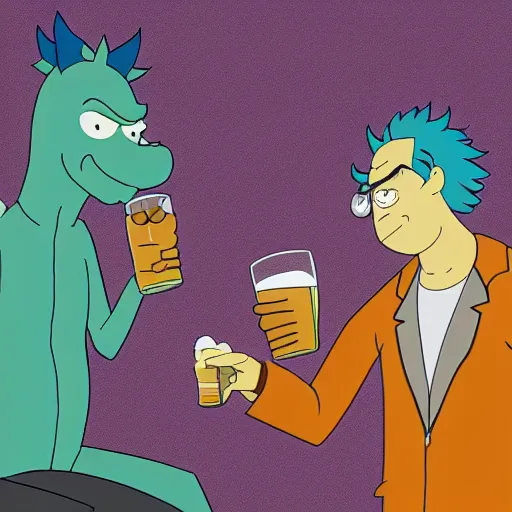 Image similar to Bojack Horseman and Rick Sanchez have a beer together discussing Nihilism