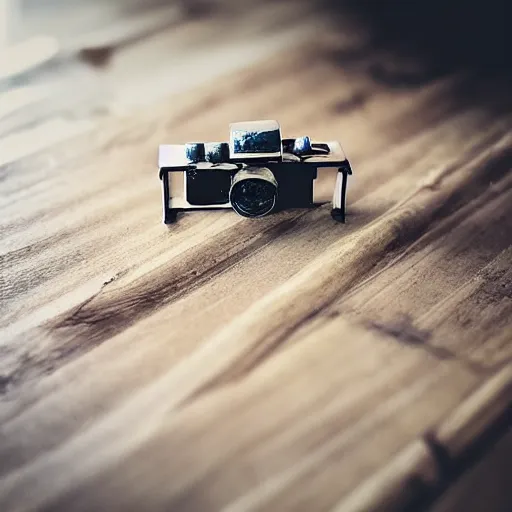 Image similar to “macro photography focused on a miniature figure on a countertop. The background is the rest of the kitchen. The mid ground is a dramatic highway bridge that connects the vintage fridge to the counter. Award winning photo.”