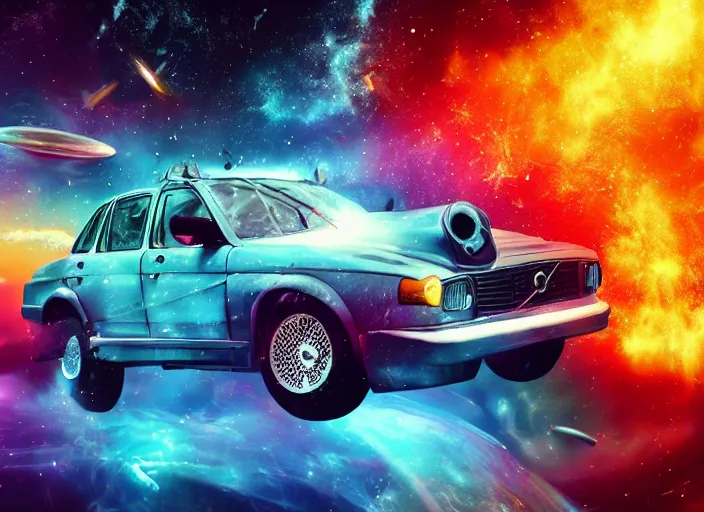 Image similar to volvo time machine flying through space and time, digital art, illustration, 3 d, colourful, amazing, cinema, michael bay style