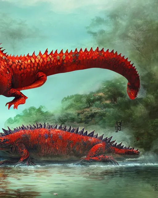 Image similar to Godzilla-like beautiful giant kaiju sized pond dragon half fish half salamander, wet amphibious skin, red salamander, axolotl creature, koi pond, korean village by Ruan Jia and Gil Elvgren, fullbody