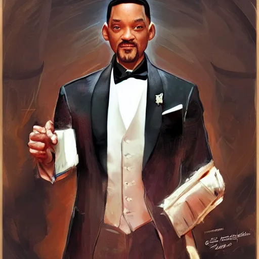 Prompt: will smith wearing a tuxedo, portrait, highly detailed, digital painting, artstation, concept art, sharp focus, illustration, art by artgerm and greg rutkowski and alphonse mucha