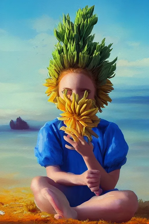 Image similar to closeup giant dahlia flower head, girl sitting on beach, surreal photography, blue sky, sunrise, dramatic light, impressionist painting, digital painting, artstation, simon stalenhag