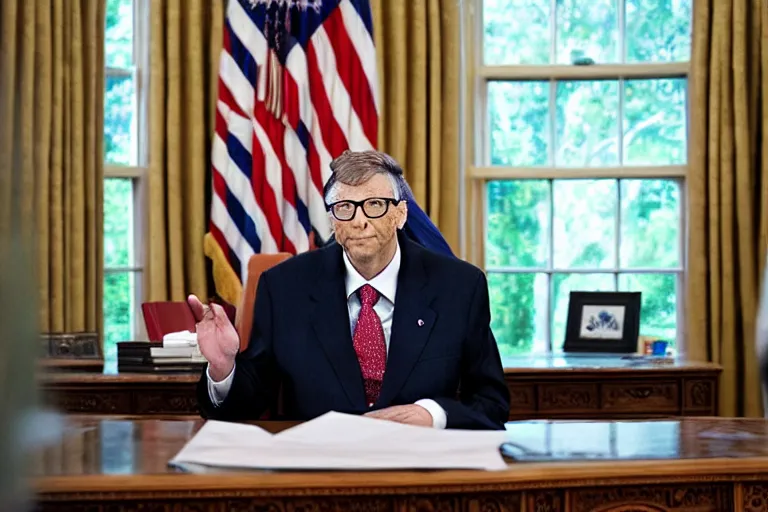 Image similar to president bill gates gives an emergency oval office address, sitting at the resolute desk, circa 2 0 2 2, professional photo, dslr, bokeh