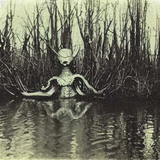 Image similar to creepy lovecraftian monster in swamp, 1 9 1 0 polaroid photo