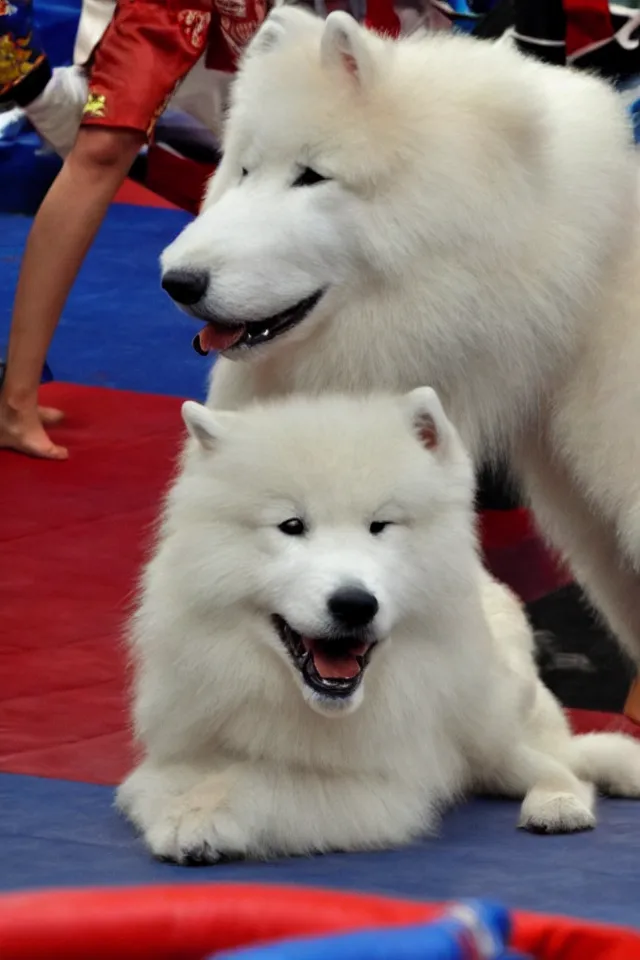 Prompt: samoyed dog competing in muay thai kickboxing world championship, photorealistic