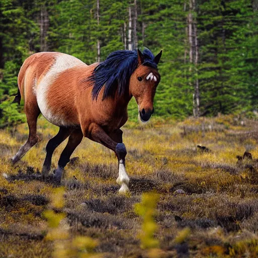 Image similar to a galloping wild horse at an old-growth-forest, by national-geographic