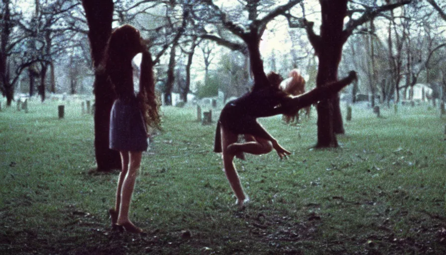 Prompt: 7 0 s film still from a horror movie starring a person with anorexia dancing in a graveyard, kodachrome, cinecolor, cinestill, photorealism, cinematic, film grain, film texture, vhs recording