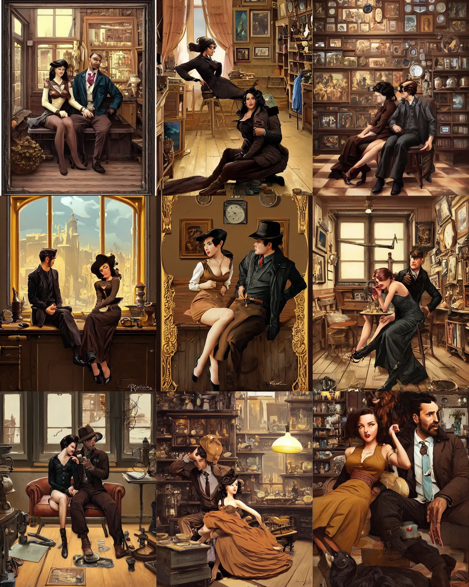 Prompt: brown black coat couple sitting in the old antique shop, extreme view angle, pinup, pulp art, deep focus, turnaround, pulp art, fantasy, intricate, elegant, highly detailed, digital painting, artstation, concept art, matte, sharp focus, illustration, hearthstone, art by rhads and artgerm and greg rutkowski and alphonse mucha.