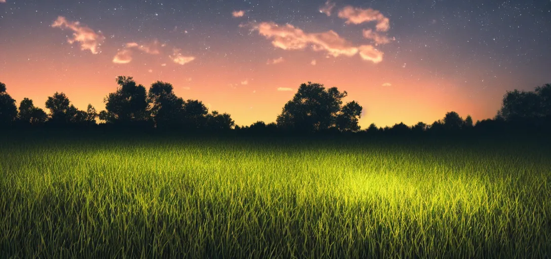 Prompt: a grass field with fireflies, summer night, peaceful, warm weather, cozy 8k, 4k, artstation, award winning shot