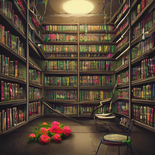 Prompt: a beautiful illustration of a cyberpunk library interior decorated with flowers. cinematic lighting, cgsociety, futuristic, utopia art, bold colors, sci - fi, artstation hq