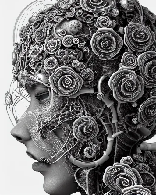 Image similar to mythical dreamy black and white organic bio-mechanical spinal ribbed profile face portrait detail of translucent steampunk beautiful siamese sisters females angelic-human-queen-vegetal-cyborg, highly detailed, intricate trnaslucent ivy jelly ornate, poetic, translucent roses ornate, 3D render, digital art, octane render, 8K artistic photography, photo-realistic, by Dora Maar