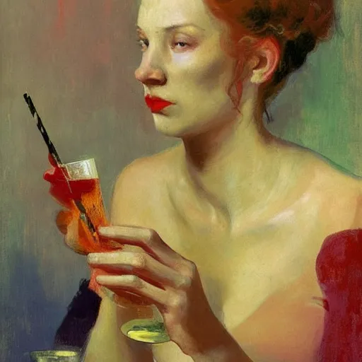 Prompt: portrait of a mysterious woman drinking a martini, by Ilya Repin and Dave McKean