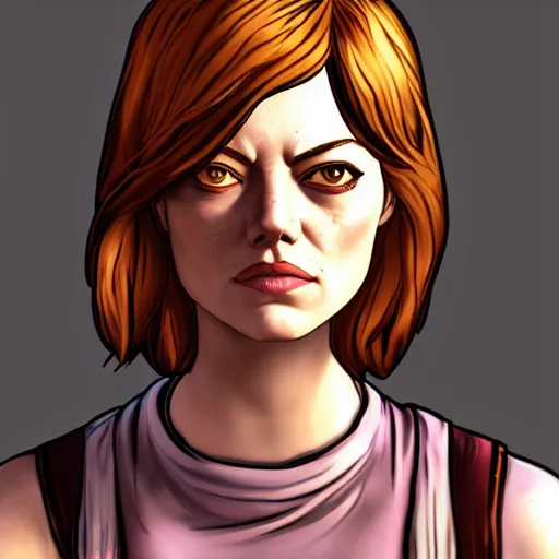 Image similar to emma stone carter portrait, borderlands, tales from the borderlands, the wolf among us, comic, cinematic lighting, studio quality, 8 k