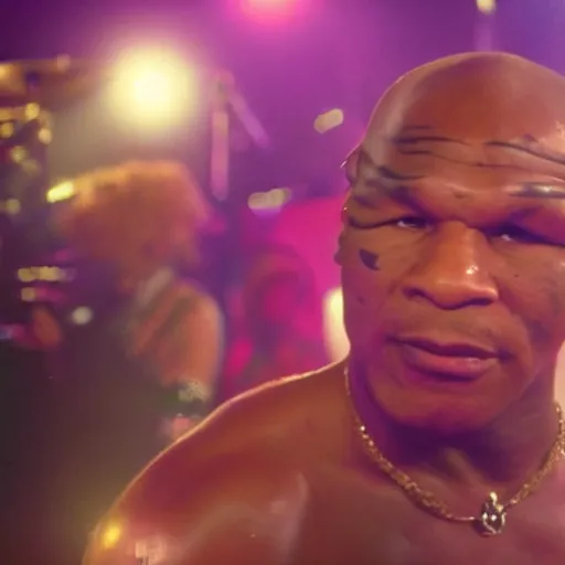 Image similar to mike tyson as the lead singer of a glamour rock band in the 1 9 8 0 s, colorful, music video still, 8 k