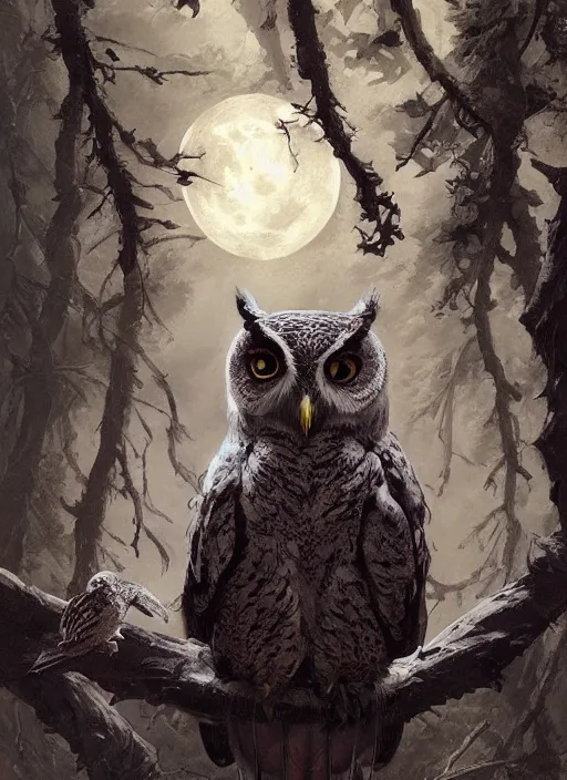 Prompt: Portrait of an Owl eating a rabbit, Dramatic clouds, Woods, Trees, Moon light, marvel comics, dark, intricate, highly detailed, smooth, artstation, digital illustration by Ruan Jia and Mandy Jurgens and Artgerm and Wayne Barlowe and Greg Rutkowski and Frank Frazetta