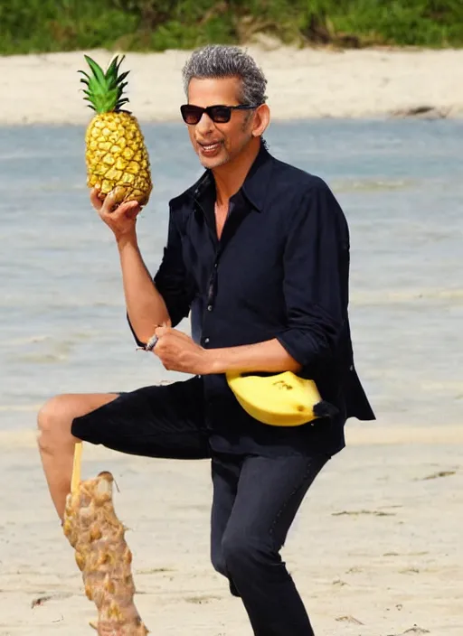 Prompt: jeff goldblum playing maraca pineapple as a banana on the beach