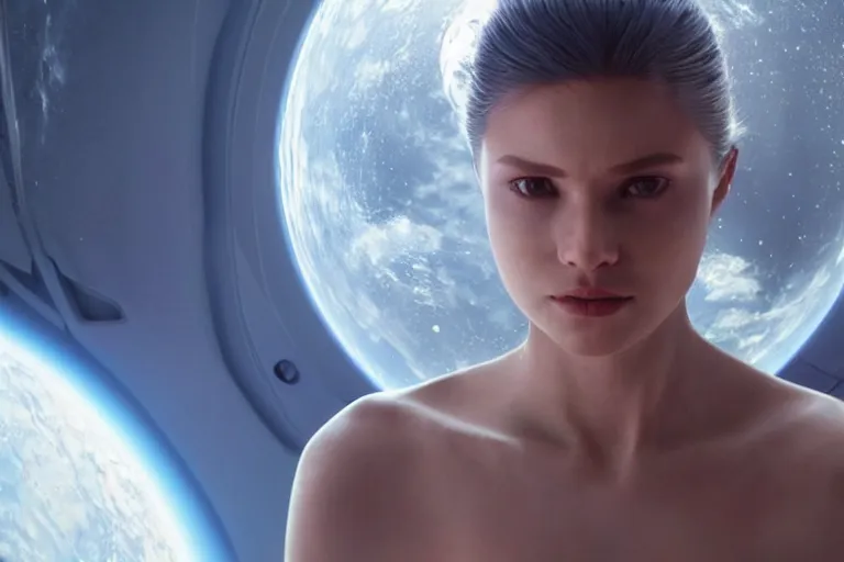 Image similar to VFX movie of a futuristic space woman model gorgeous portrait in inhuman future spaceship, beautiful natural skin natural lighting by Emmanuel Lubezki