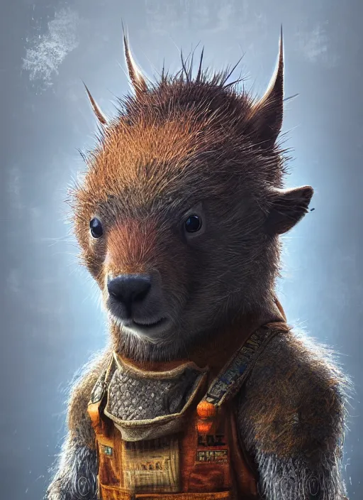 Image similar to detailed full body concept art illustration, soft focus, oil painting on canvas of an anthropomorphic capybara fisherman in full intricate clothing, biomutant, dystopian, micro detail, octane render, 4K