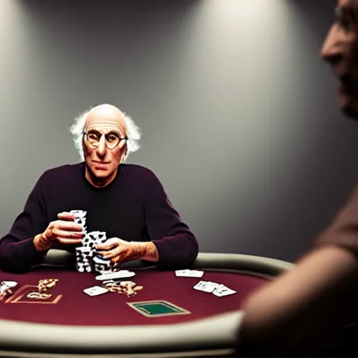 Image similar to larry david playing poker, photorealistic studio portrait, studio lighting, unreal engine 5, hyperrealistic, dynamic lighting, white ambient background, realistic, highly detailed