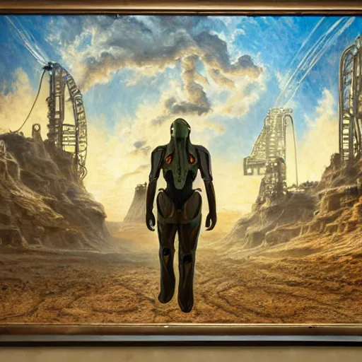 Image similar to alien machine walks through the center of a dallas, extremely detailed oil painting, 1 9 2 0's colored pencil, highly detailed, highly accurate, deep aesthetic, 8 k, highly ornate intricate details, cinematic lighting, rich colors, beautiful scenic view, ray tracing, hyperrealistic, photorealistic, cinematic landscape, trending on artstation, concept art,