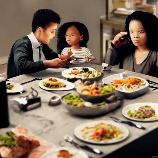 Prompt: stunning, coherent, impressive, detailed still of black a family eating dinner, follow shot, 3d, in the style of pixar, comic book style, 3d, highly detailed, sharp focus, bokeh, depth of field, 16k resolution, Unreal Engine 5, coherent, cinematic lighting, photorealistic, by Zhang Jingna