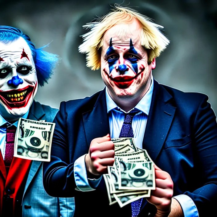 Prompt: photo of boris johnson dressed like satan and the joker holding bundles of cash, highly detailed, 4 k, hdr, smooth, sharp focus, high resolution, award - winning photo