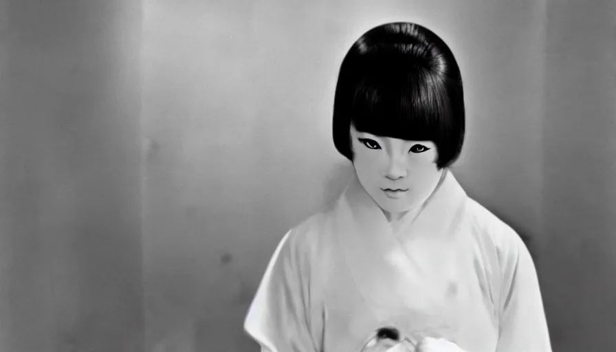 Image similar to 60s movie still of a white japanese female phantom with foetus beak, eastmancolor, heavy grain, high quality, higly detailed, liminal space