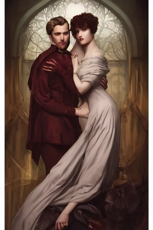 Image similar to a portrait of handsome young evil male Satan and his elegant beautiful wife, bored, illustration, dramatic lighting, soft details, painting oil on canvas, art nouveau, octane render, HDR, 4k, 8k, HD, by Edmund Blair Leighton, Brom, Charlie Bowater, trending on artstation, faces by Tom Bagshaw, Sargent