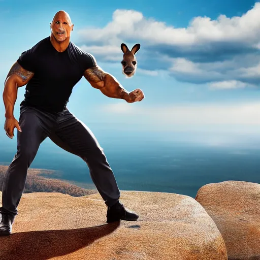 Prompt: dwayne johnson throwing a kangaroo, studio photography, high detail, ultra high detail, 4 k, hdr, 8 k