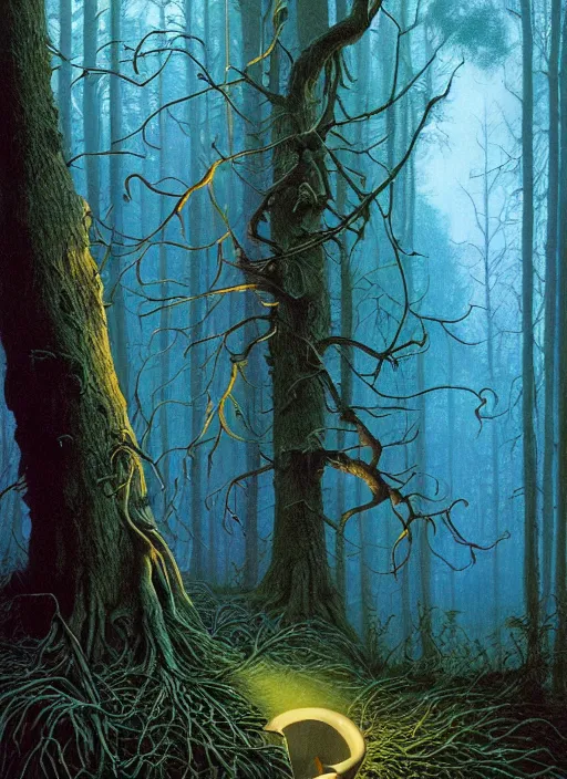 Prompt: hyper realistic witch modem with mood lighting and tech in the woods gorgeous lighting, blue sky, highly detailed, lush forest foliage painting by zdzisław beksinski and norman rockwell and greg rutkowskiweta studio, and lucasfilm