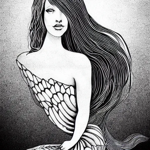 Prompt: black and white illustration, creative design, beautiful feminine mermaid with flowing hair