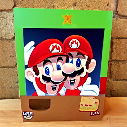 Image similar to pizzeria pizza box featuring super mario and luigi